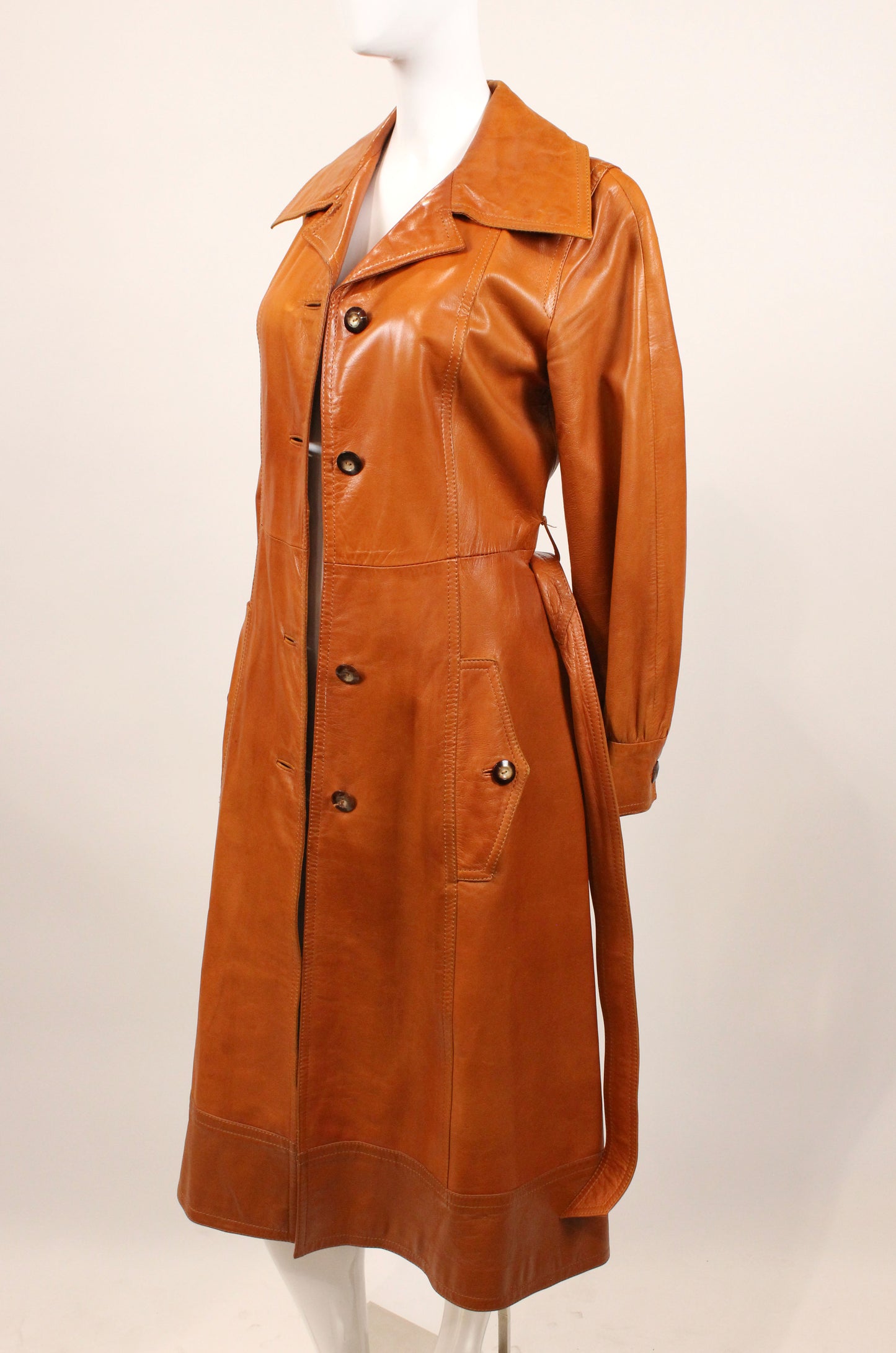 Vintage Loewe 1970s Cognac Leather Trench Coat