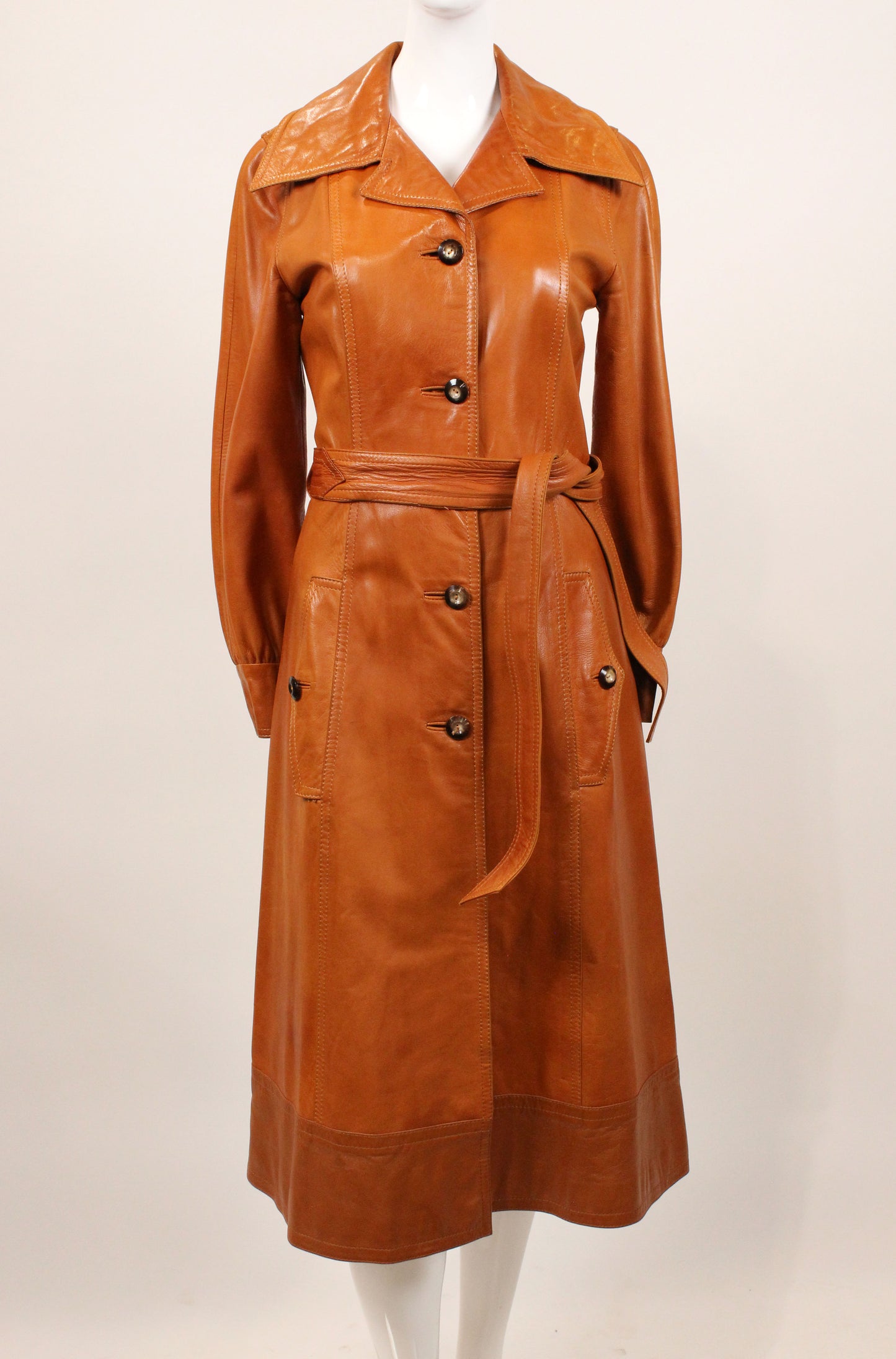 Vintage Loewe 1970s Cognac Leather Trench Coat
